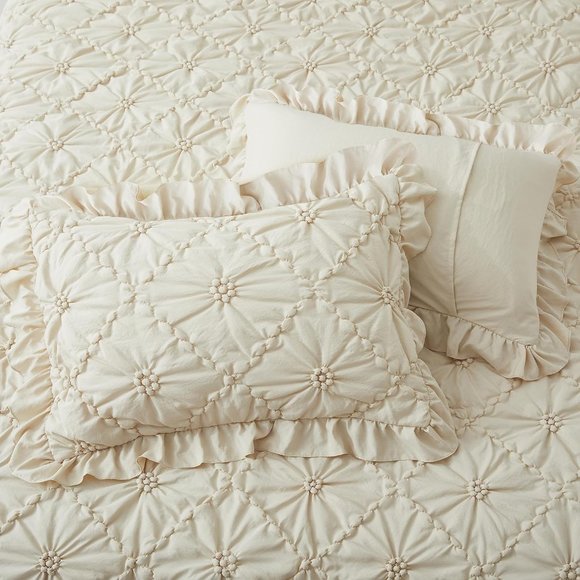 Queen Size Bed Comforter Set Cream Ruffle Ivory Shabby Cottage Chic Bedding New - Picture 3 of 4